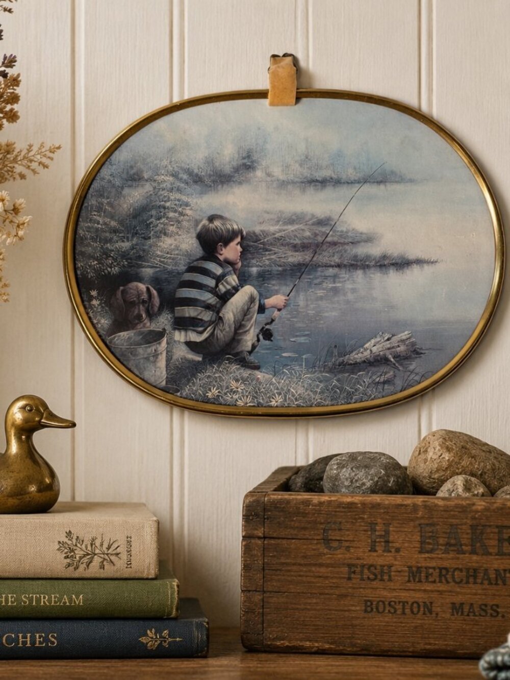 Vintage Fishing Boy & Dog Oval Wall Plaque Cottagecore Decor